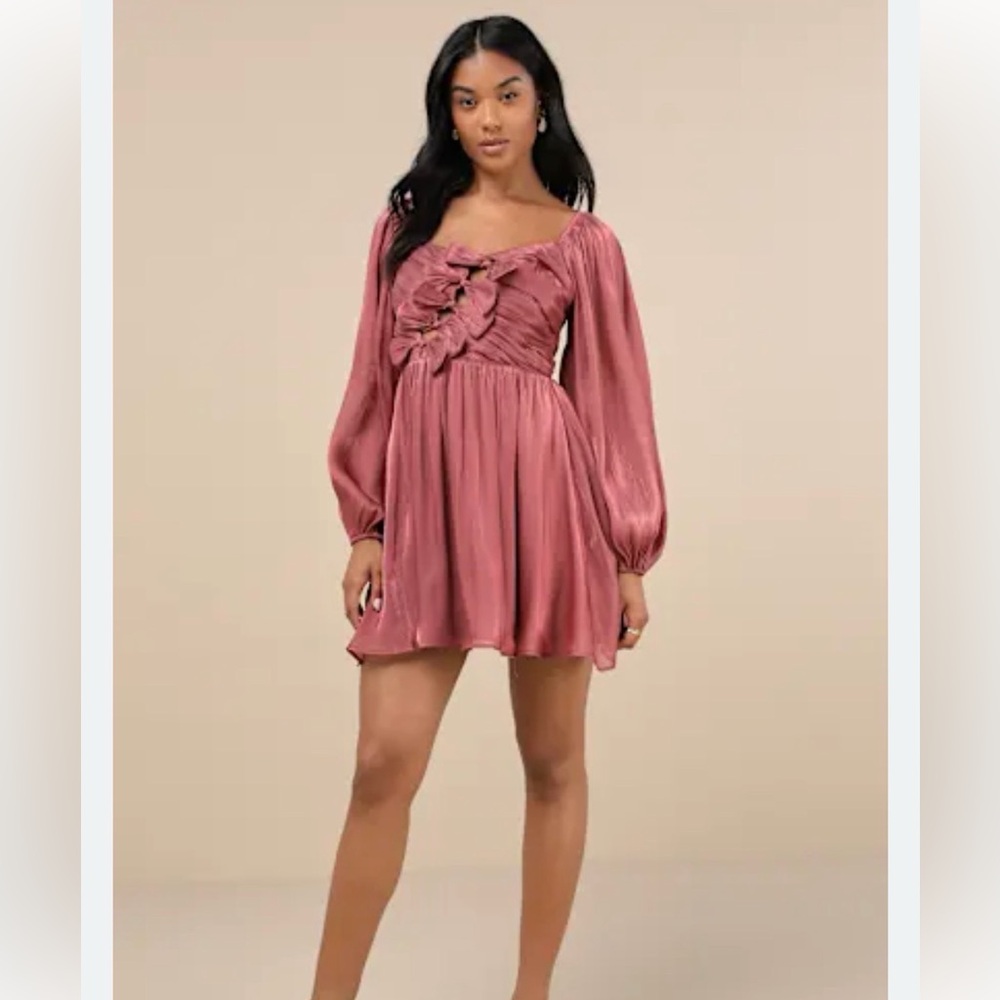 Lulu's Rusty Rose Bow Front Long Sleeve Mini Dress